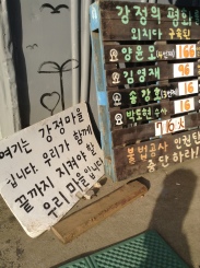 "This is Gangjeong Village. Together, we will defend our village until the end." On the right, imprisoned activists and their days in prison are displayed.